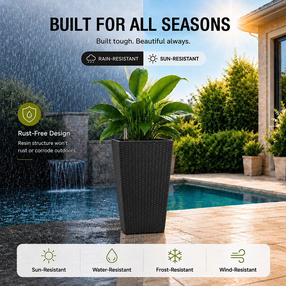 Cendra 22 in. Black Faux Rattan Polypropylene Self-Watering Square Planter (2-Pack) for Indoor/Outdoor Use