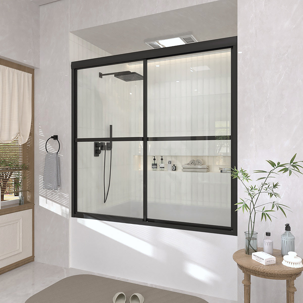 TaiMei 59 in. W x 56 in. H Sliding Framed Tub Door with Clear Glass and Handles Matte Black 82-5659-BL01_b0c36341-7d47-4b94-a8ab-bfa2544daf82