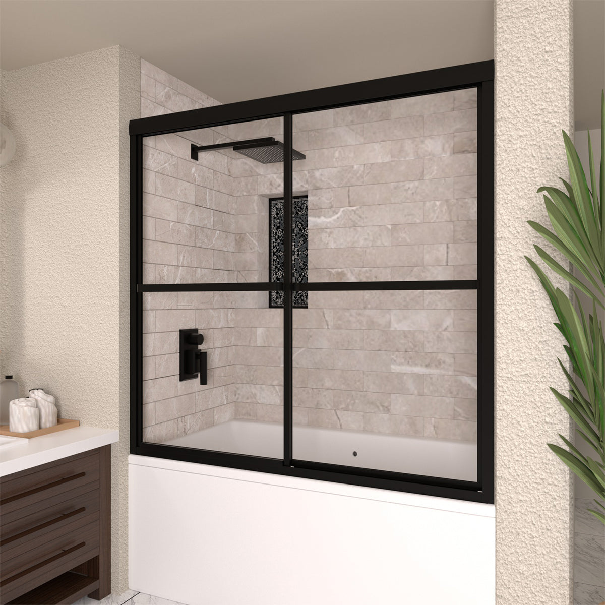 TaiMei 59 in. W x 56 in. H Sliding Framed Tub Door with Clear Tempered Glass 82-5659-BL02_5919bb60-ae39-41e2-a2e0-a78c6f90283c