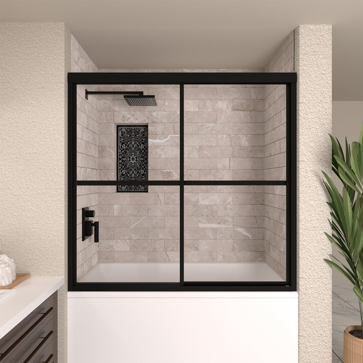 TaiMei 59 in. W x 56 in. H Sliding Framed Tub Door with Clear Tempered Glass 82-5659-BL14