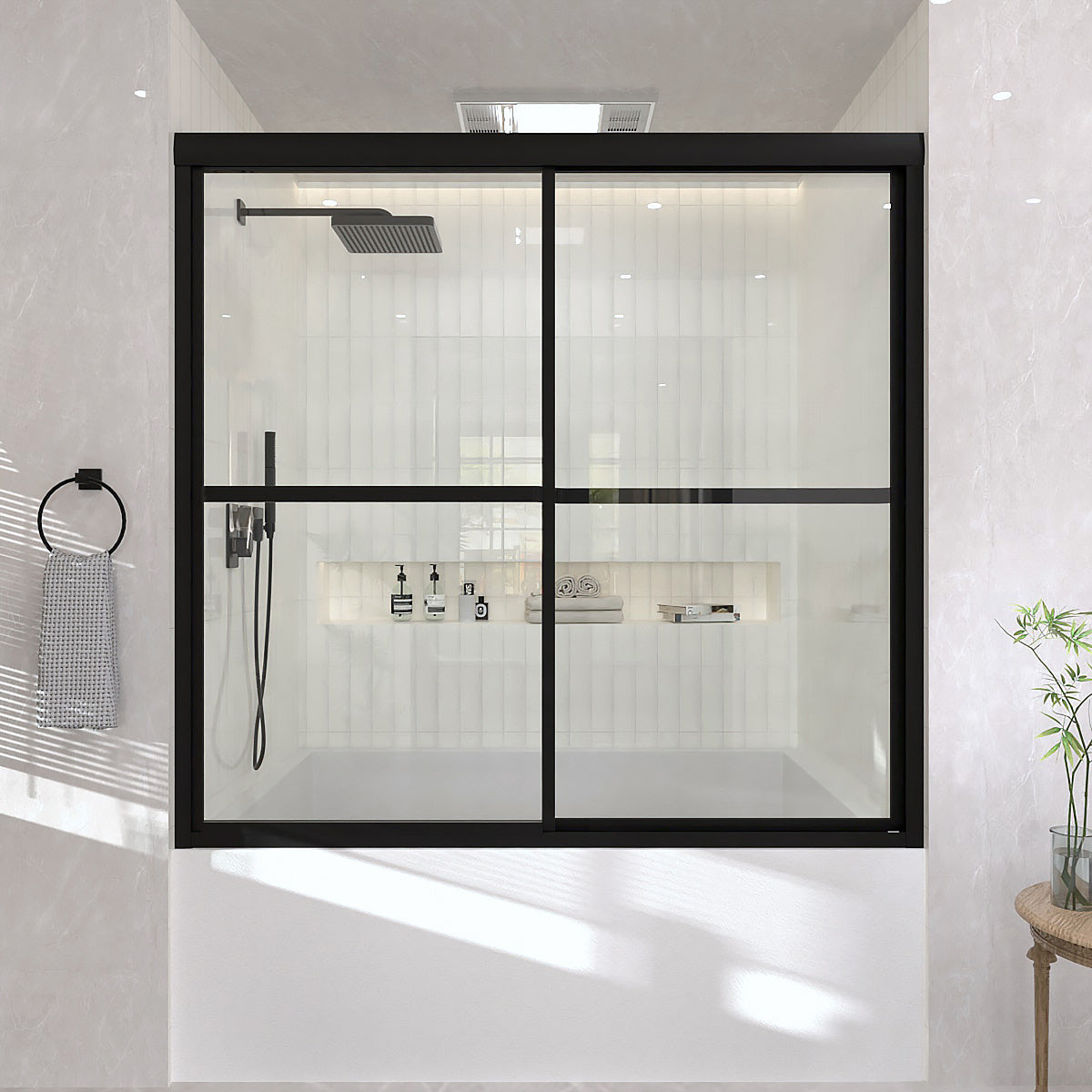 TaiMei 59 in. W x 56 in. H Sliding Framed Tub Door with Clear Glass and Handles 82-5659-BL14_6e43177f-4028-4271-9ef3-600555219a71