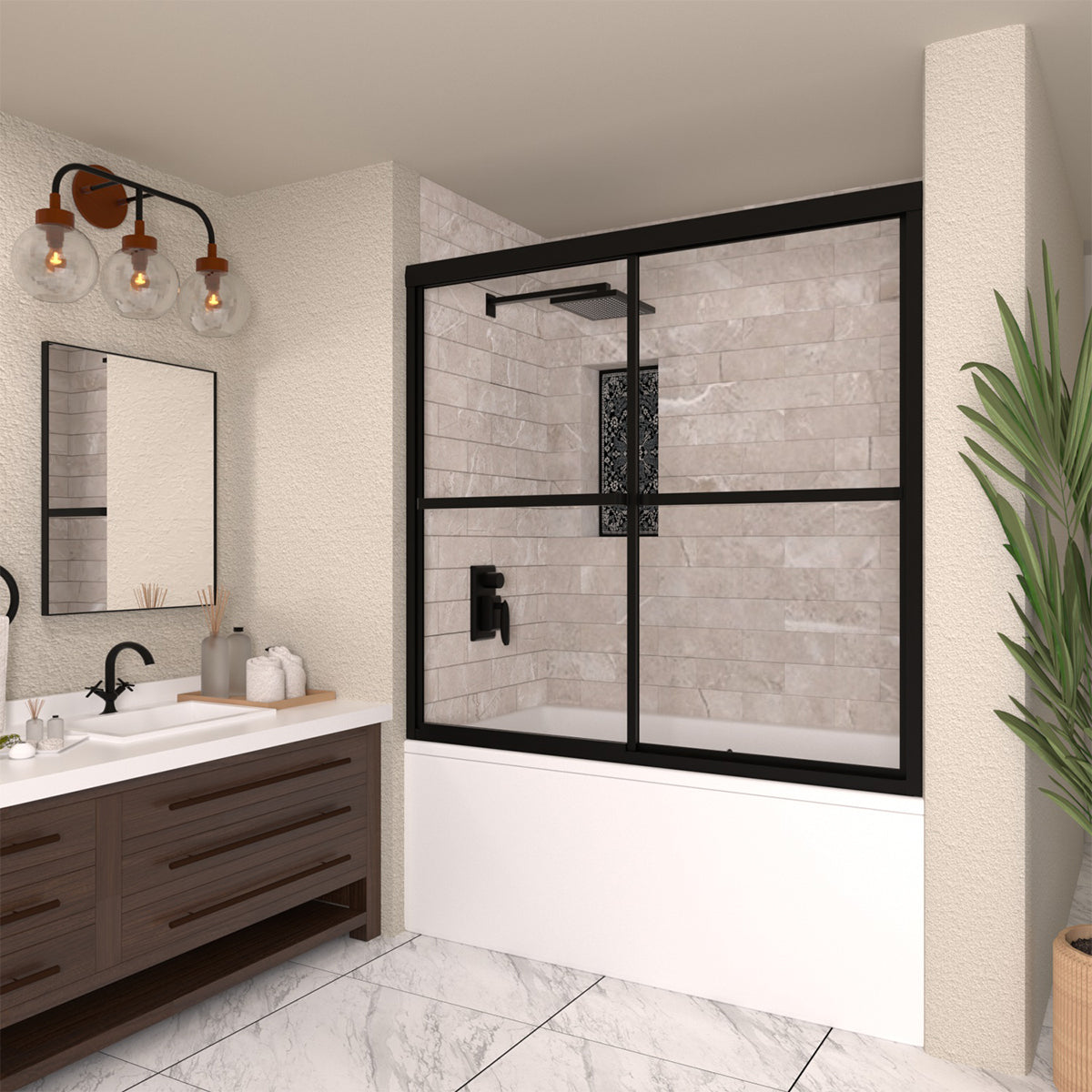TaiMei 59 in. W x 56 in. H Sliding Framed Tub Door with Clear Tempered Glass 82-5659-BL15