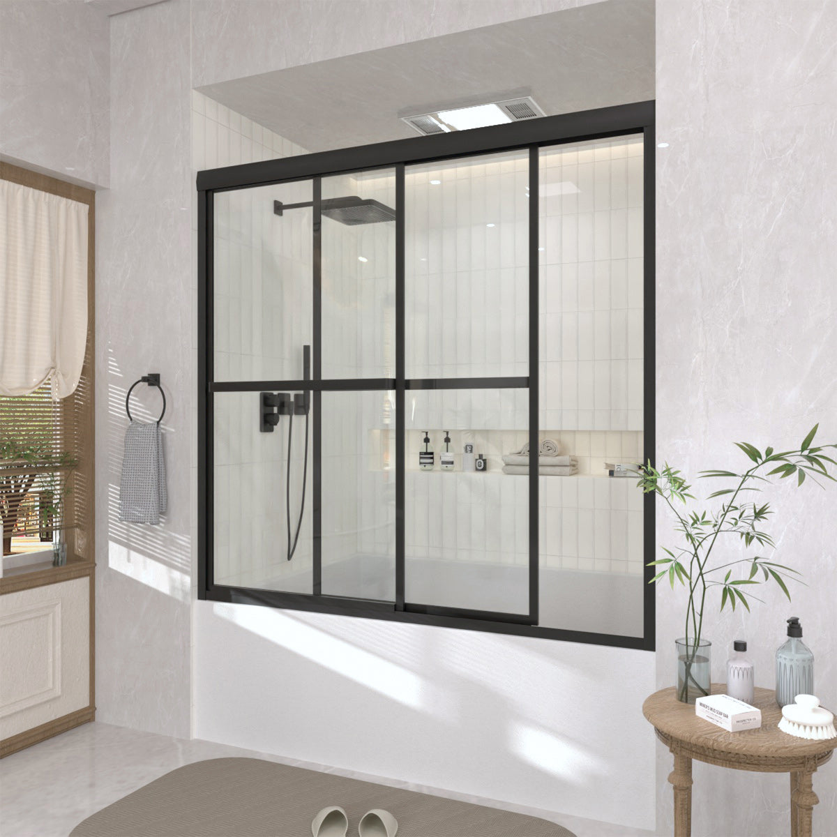 TaiMei 59 in. W x 56 in. H Sliding Framed Tub Door with Clear Glass and Handles 82-5659-BL15_73dfff92-46d8-4c8b-a1c5-8c47b72260ef