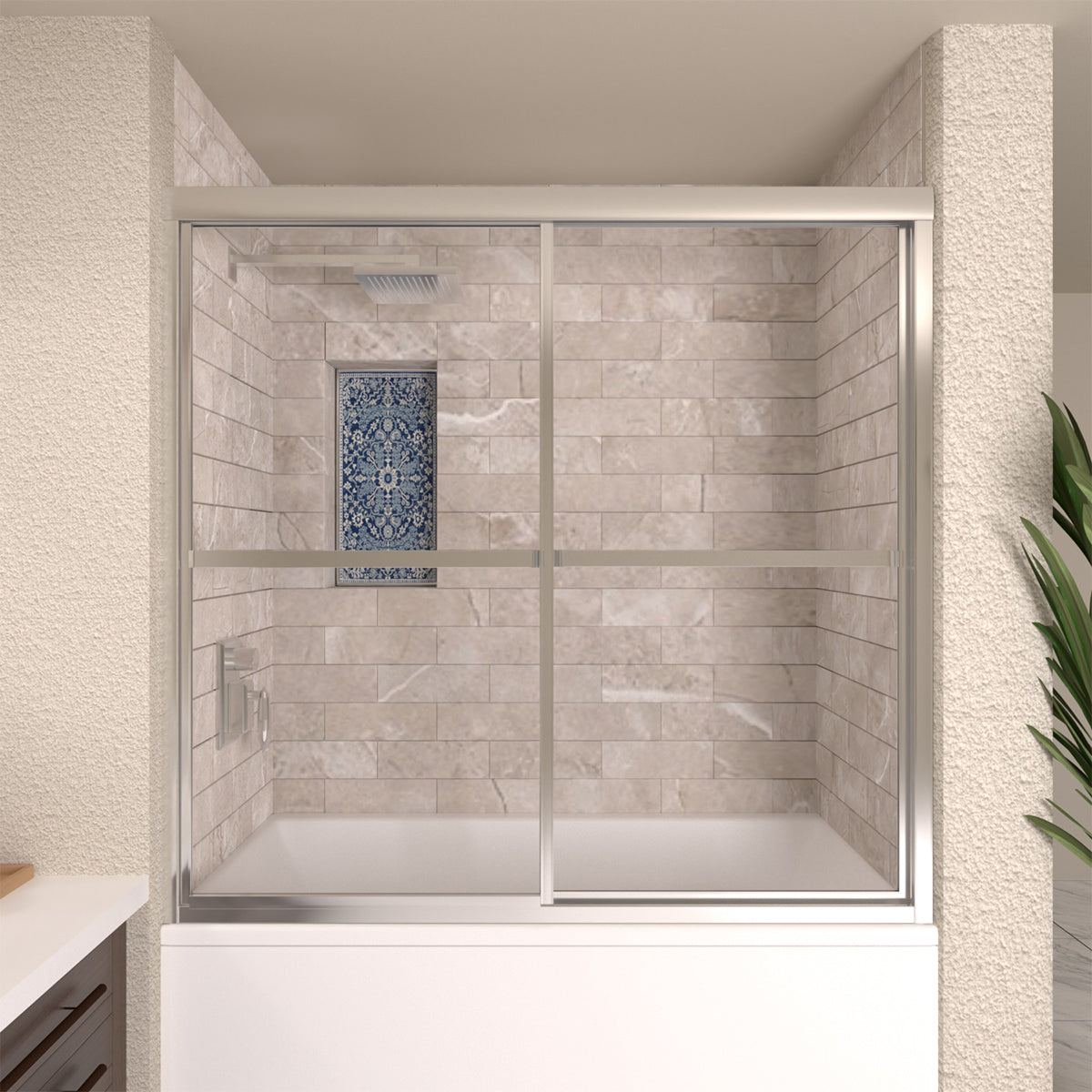 TaiMei 59 in. W x 56 in. H Sliding Framed Tub Door with Clear Glass and Handles