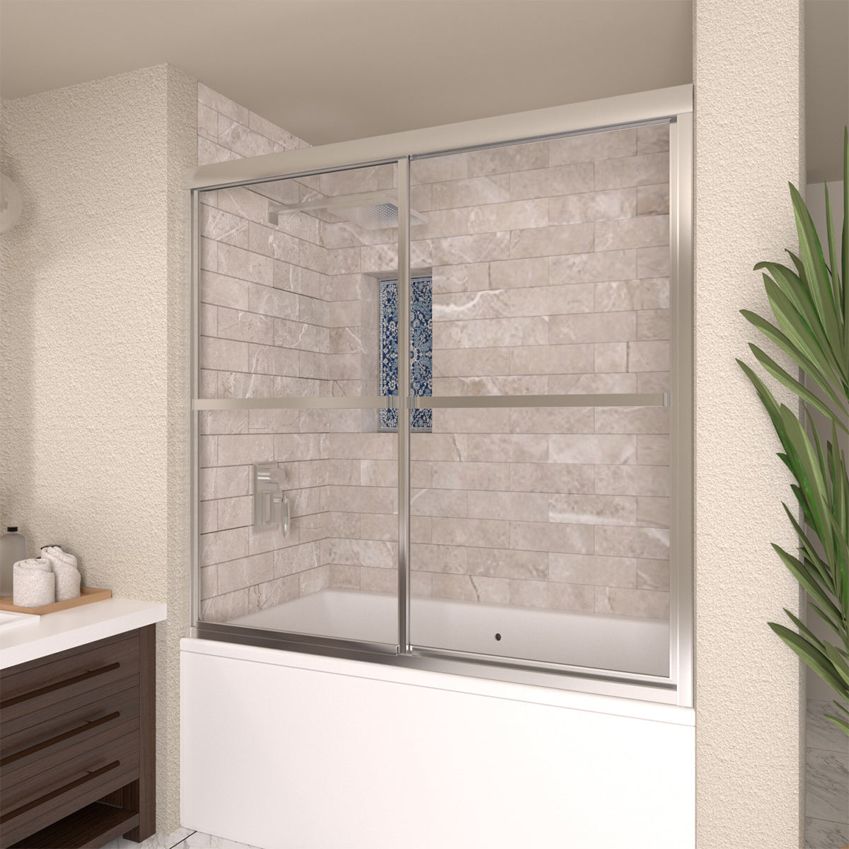 TaiMei 59 in. W x 56 in. H Sliding Framed Tub Door with Clear Tempered Glass 82-5659-CR02