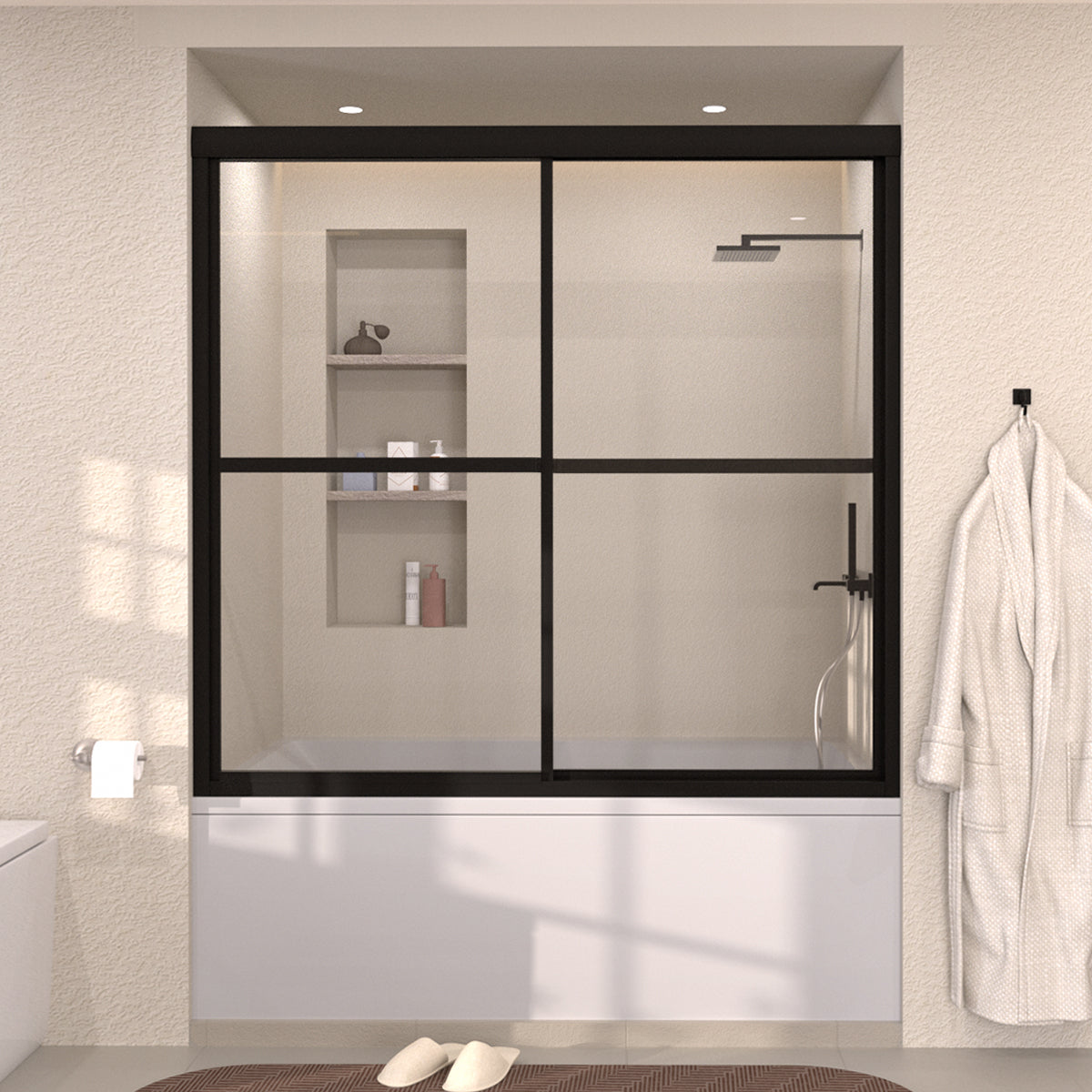 Elunir 59 in. W x 56 in. H Sliding Framed Tub Door in Silver Finish with Clear Glass Matte Black 8256-MB-1_4aaeb36c-623d-44c3-b1e3-fcb5fc171411