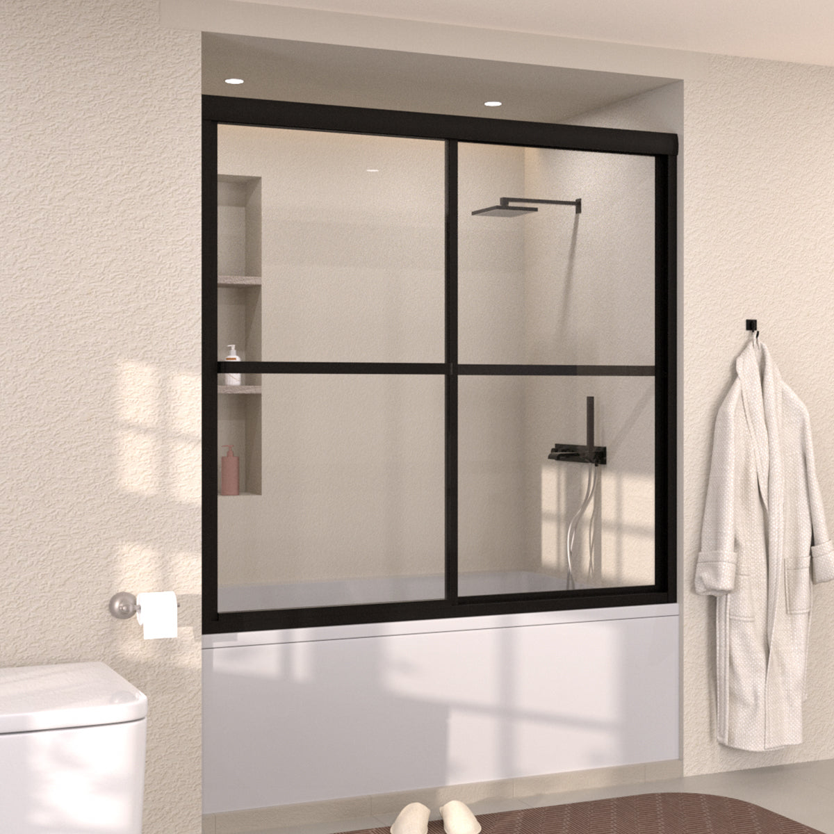 Elunir 59 in. W x 56 in. H Sliding Framed Tub Door in Silver Finish with Clear Glass 8256-MB-2