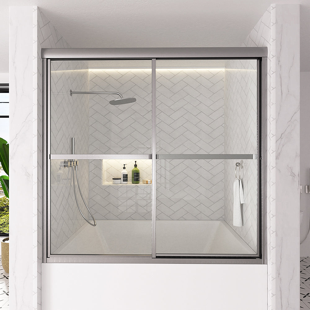 Astral 59.5 in. W x 56.75 in. H Framed Sliding Tub Door with 1/8 in. Clear Tempered Glass Brushed Nickel 82BN-1