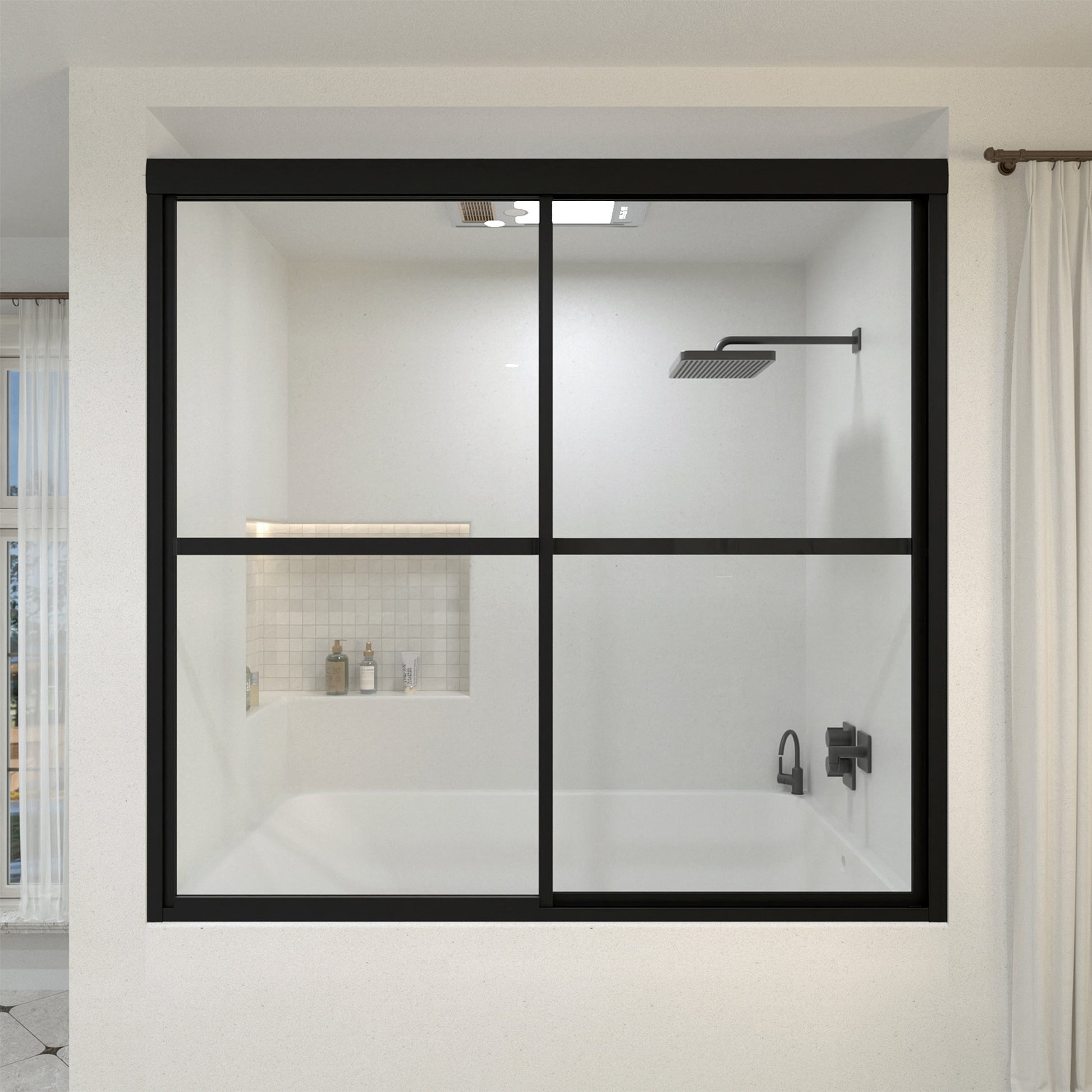 Yooli 59 in. W x 56 in. H Framed Sliding Tub Door with Clear Tempered Glass Matte Black 82MB-1_089d00ce-1d22-4143-8bde-d2511fbb6d19