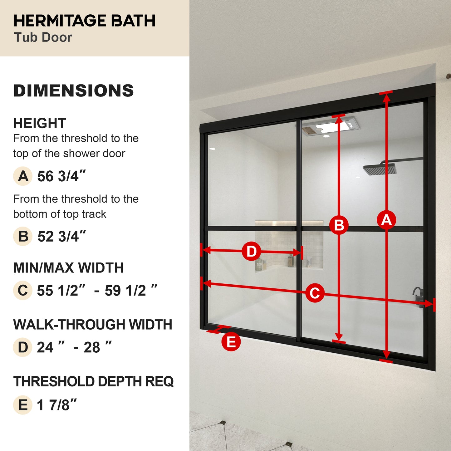 Yooli 59 in. W x 56 in. H Framed Sliding Tub Door with Clear Tempered Glass 82MB-3