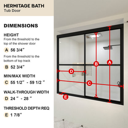 Yooli 59 in. W x 56 in. H Framed Sliding Tub Door with Clear Tempered Glass 82MB-3