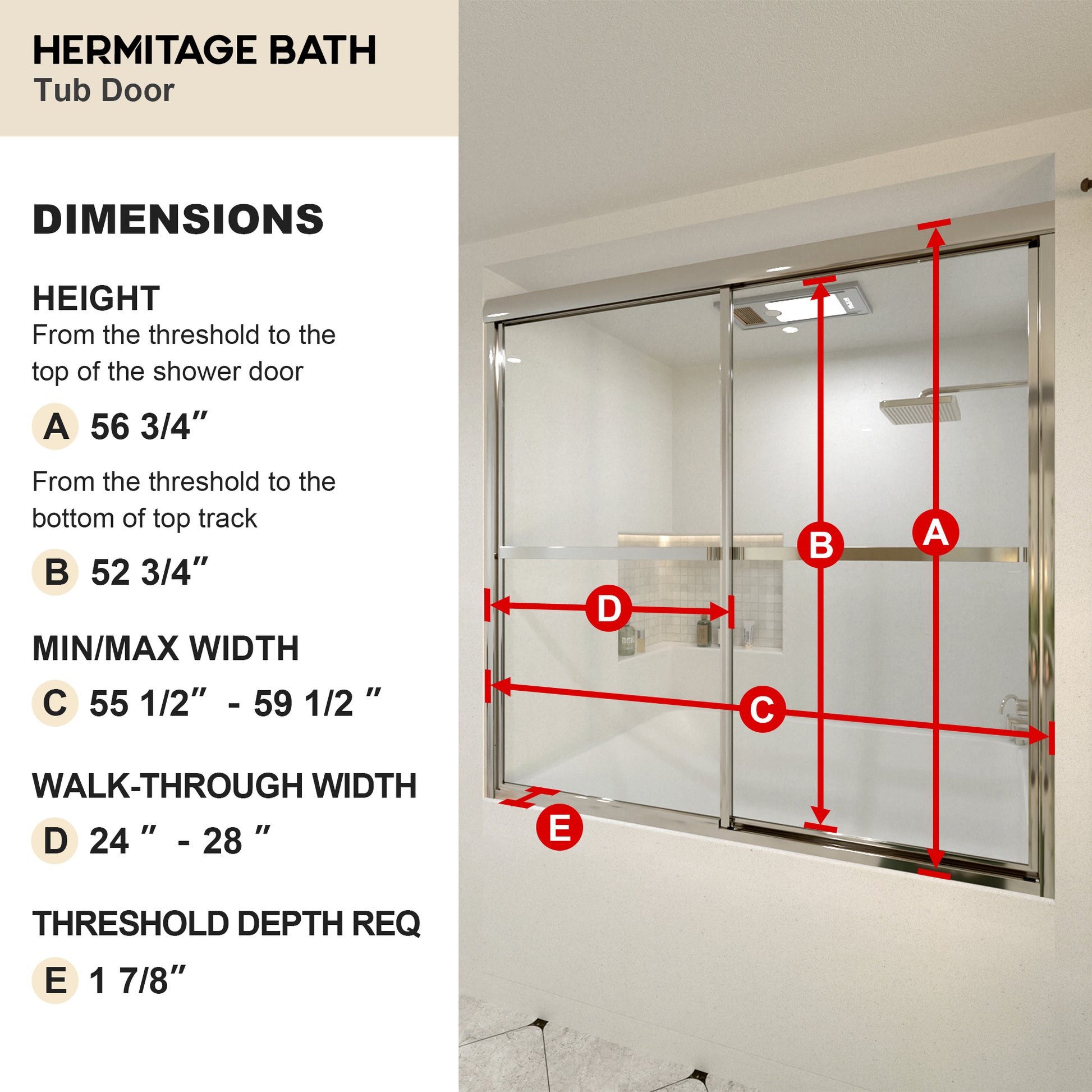 Yooli 59 in. W x 56 in. H Framed Sliding Tub Door with Clear Tempered Glass 82SV-3