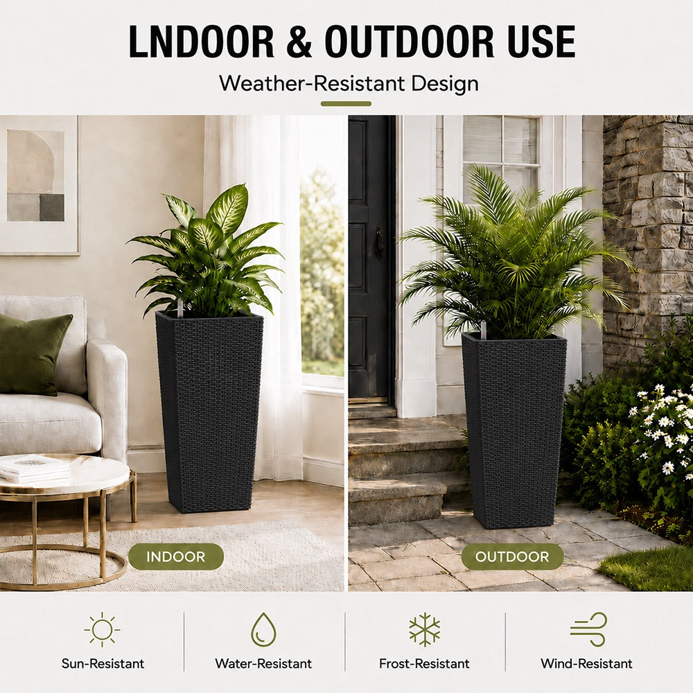 Cendra 22 in. Black Faux Rattan Polypropylene Self-Watering Square Planter (2-Pack) for Indoor/Outdoor Use
