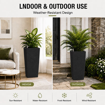 Cendra 22 in. Black Faux Rattan Polypropylene Self-Watering Square Planter (2-Pack) for Indoor/Outdoor Use