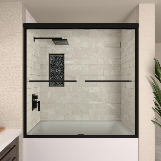 TaiMei 60 in. W x 56 in. H Sliding Semi-Frameless Tub Door with Clear Glass and Handles
