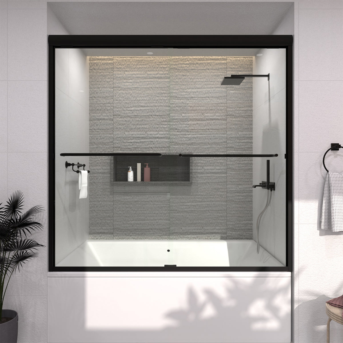 Vorth 60 in. W x 56 in. H Sliding Semi-Frameless Tub Door in Matte Black Finish with Clear Glass Matte Black 97-6060-BL01_d3ccdf87-a565-4464-9897-27c747b94dbd
