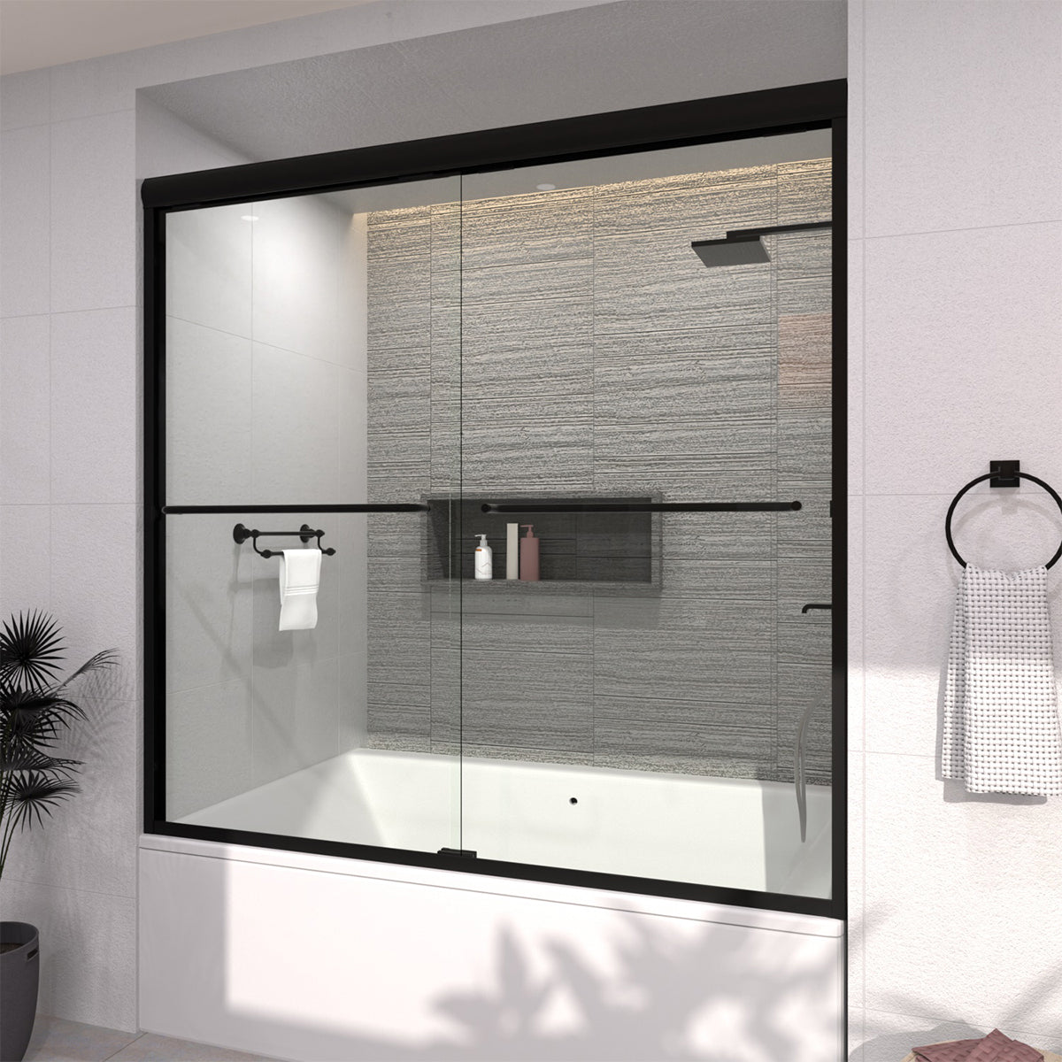 Vorth 60 in. W x 56 in. H Sliding Semi-Frameless Tub Door in Matte Black Finish with Clear Glass 97-6060-BL03_0f66251a-f058-4f39-8a13-c69b3976d397