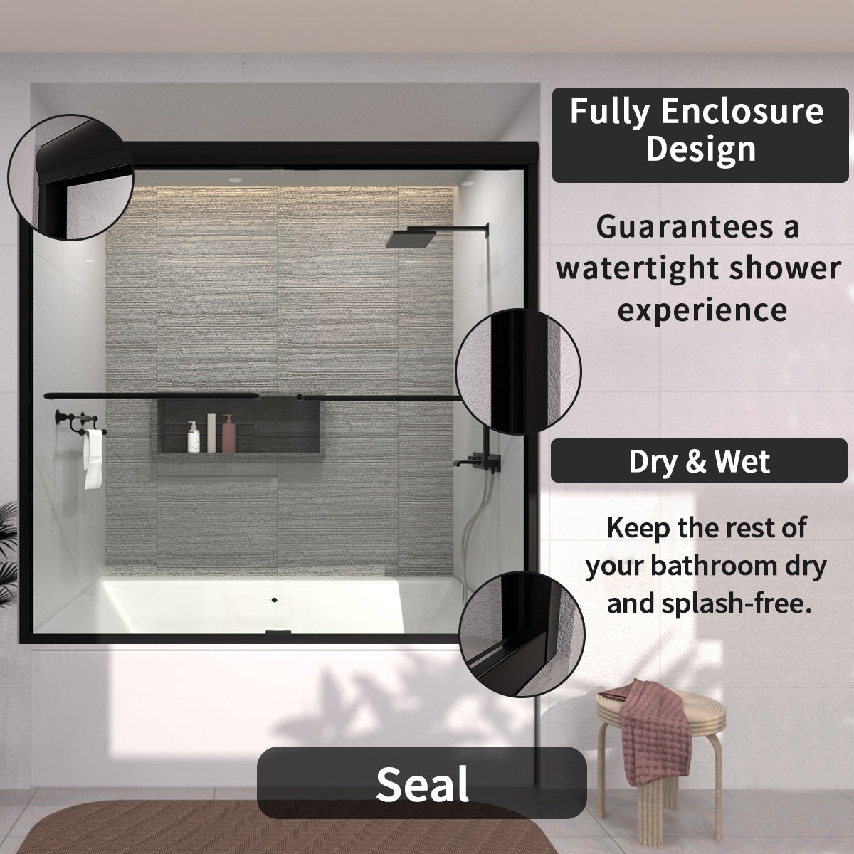 TaiMei 60 in. W x 56 in. H Sliding Semi-Frameless Tub Door with Clear Glass and Handles 97-6060-BL10_fa11a84e-cb72-463a-b362-b62f8452e132