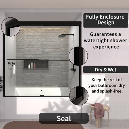 TaiMei 60 in. W x 56 in. H Sliding Semi-Frameless Tub Door with Clear Glass and Handles 97-6060-BL10_fa11a84e-cb72-463a-b362-b62f8452e132
