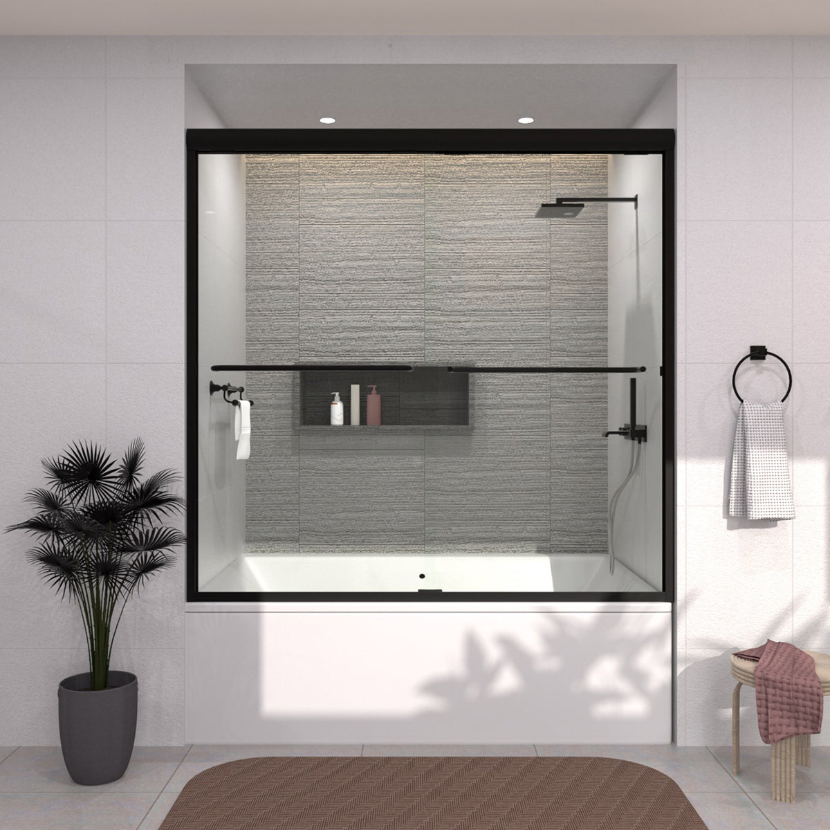 TaiMei 60 in. W x 56 in. H Sliding Semi-Frameless Tub Door with Clear Glass 97-6060-BL14_43e9ffef-0c84-4da0-8b01-c2961bc90d90