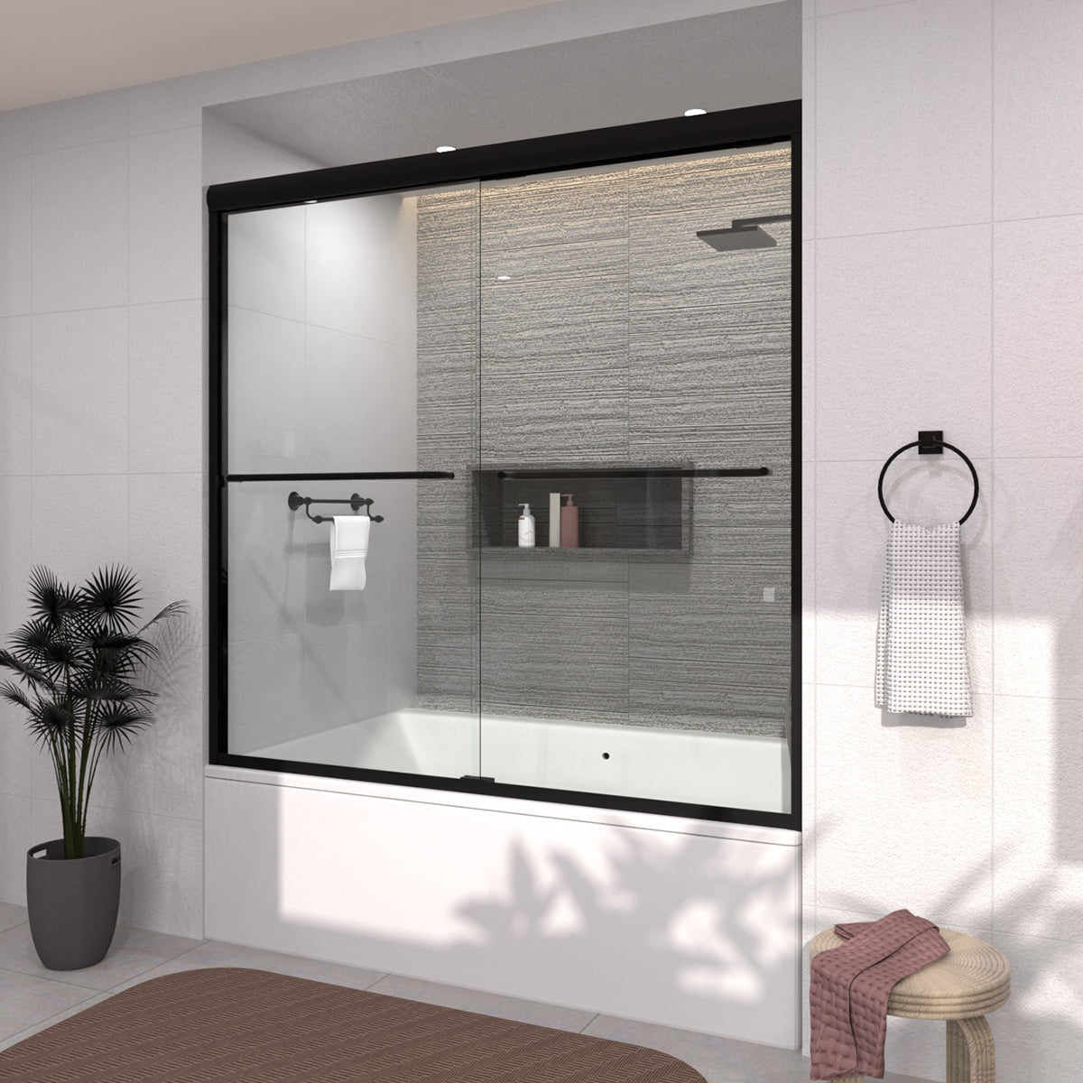 Vorth 60 in. W x 56 in. H Sliding Semi-Frameless Tub Door in Matte Black Finish with Clear Glass 97-6060-BL15_7e9aa290-c0ea-4a9c-9174-932f15f6f138