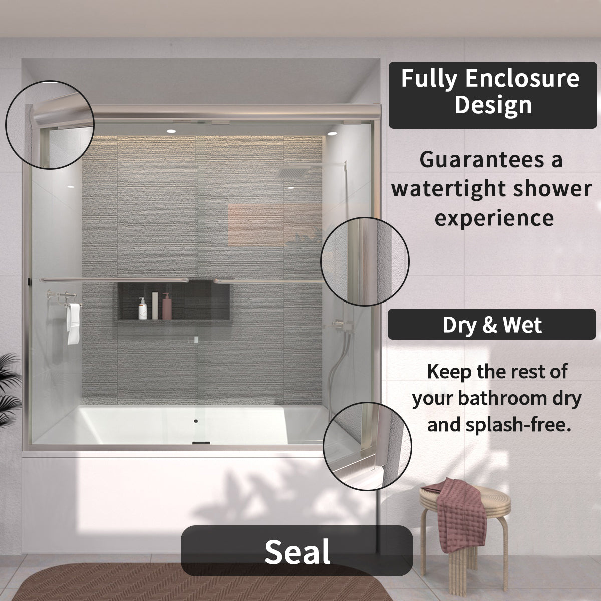 TaiMei 60 in. W x 56 in. H Sliding Semi-Frameless Tub Door with Clear Glass 97-6060-BN10_7076fff9-ad8b-4bff-be0e-0361841e976e