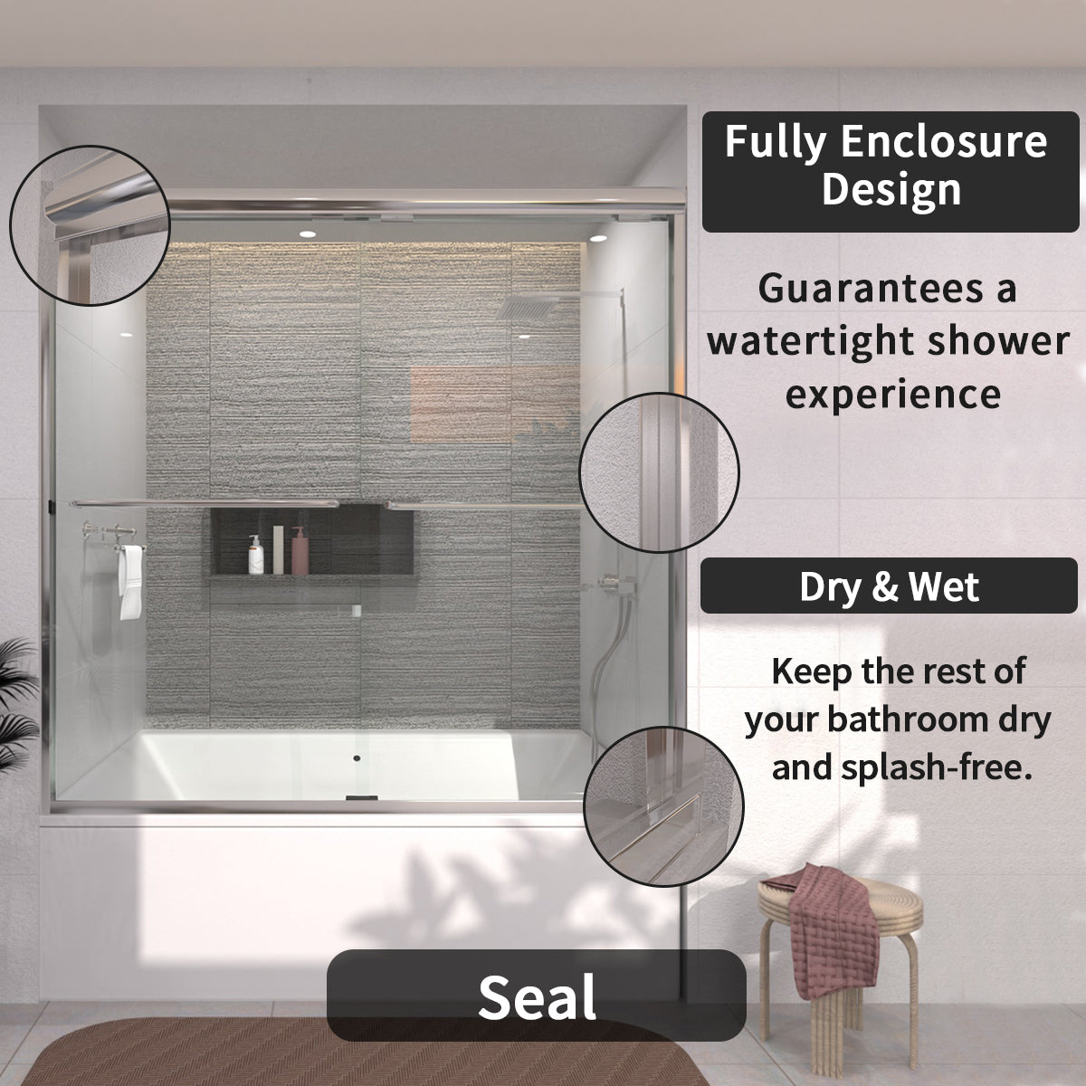 TaiMei 60 in. W x 56 in. H Sliding Semi-Frameless Tub Door with Clear Glass and Handles 97-6060-CR10_89b2b61a-5b0b-4c42-9a99-911f75a9e755