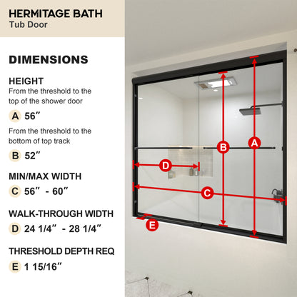 Akoasm 60 in. W x 56 in. H Sliding Bath Tub Door in Semi Frameless with Clear Glass