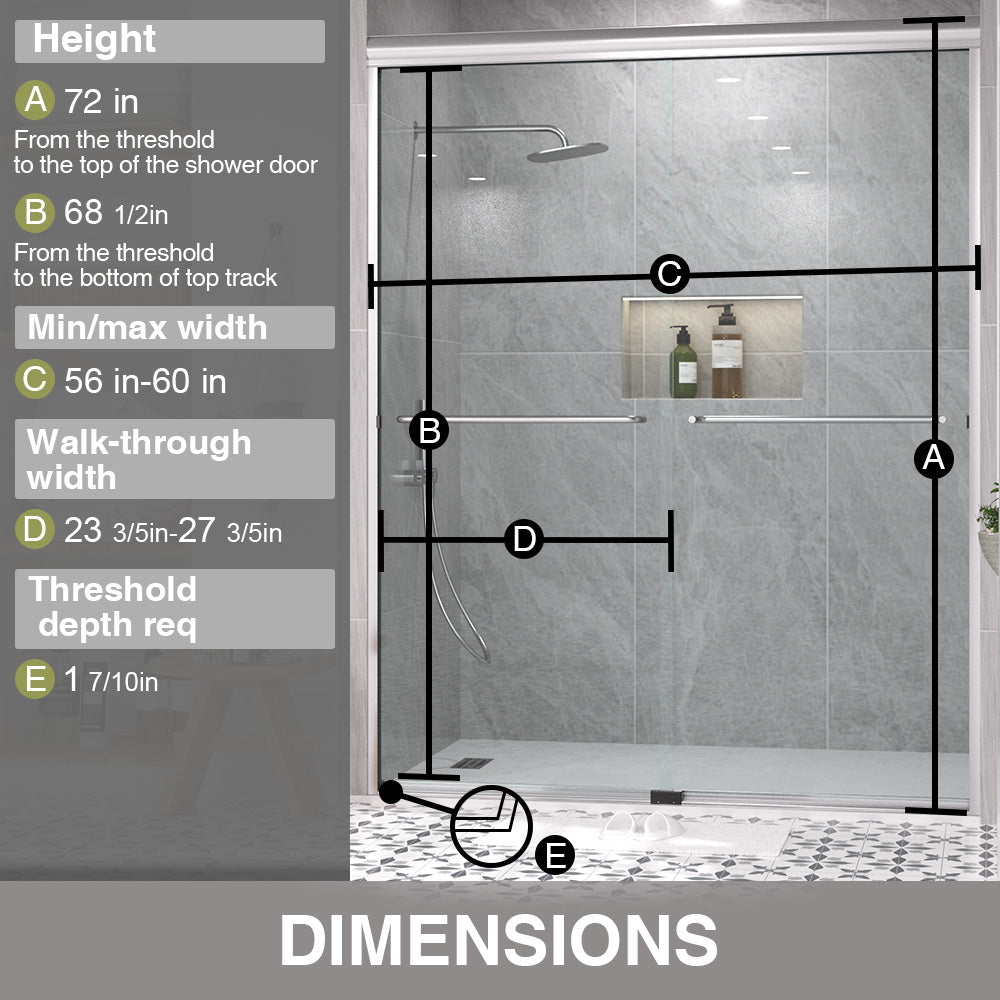 Shine 60 in. W x 72 in. H Semi-Frameless Sliding Shower Door with 5/16 in. Clear Tempered Glass 98-7260CR3