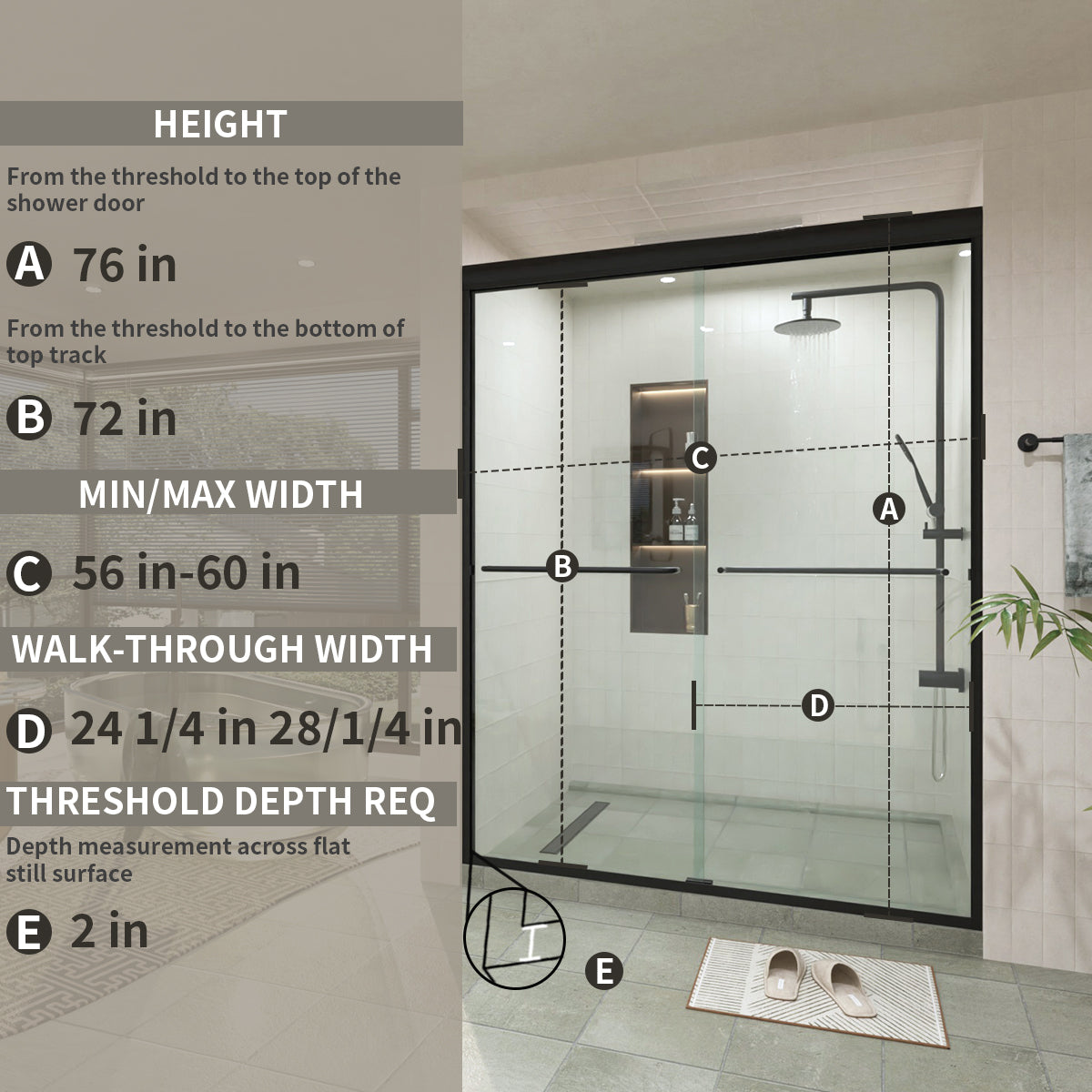 60 in. W × 76 in. H Sliding Semi-Frameless Shower Door with Clear Glass
