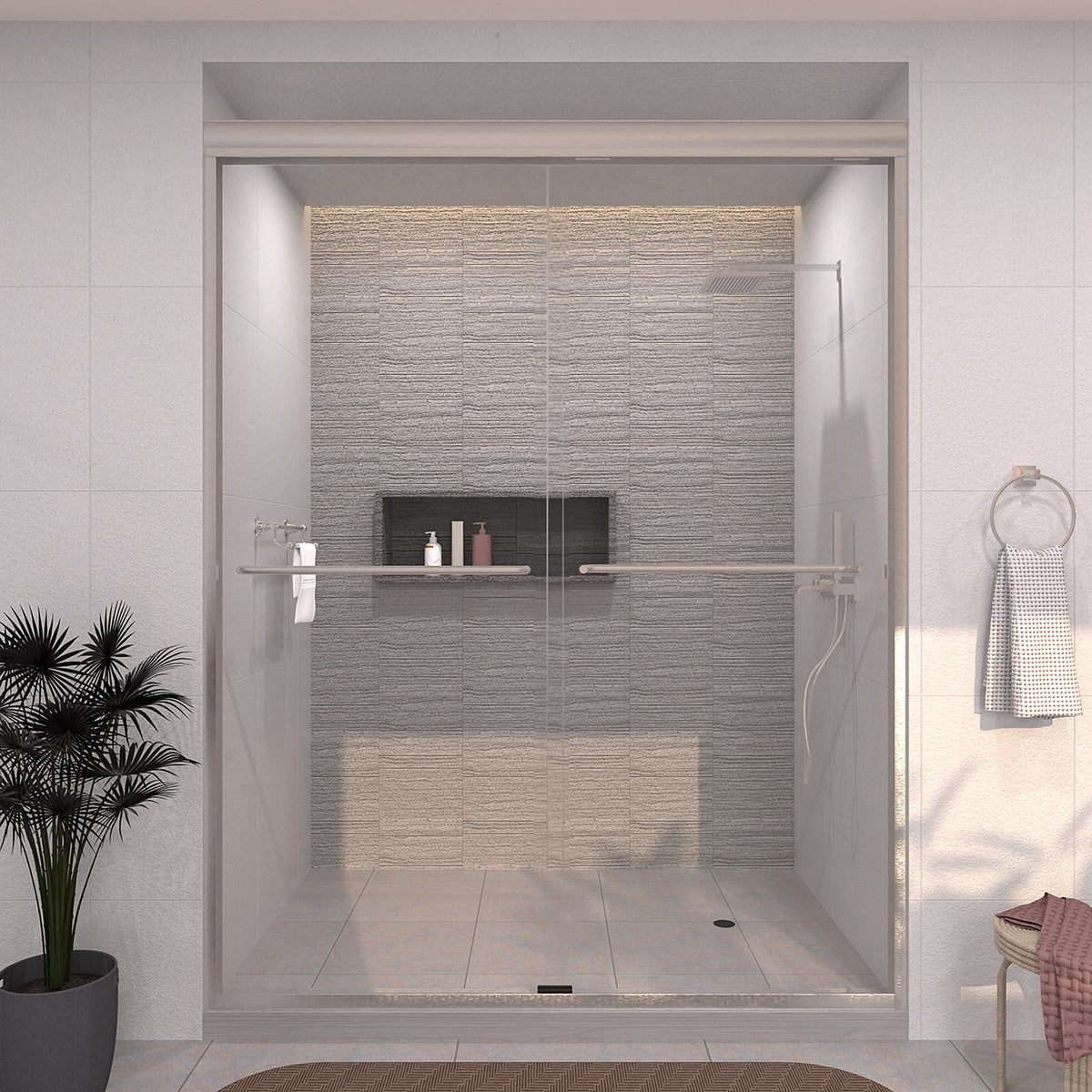 TaiMei 60 in. W x 72 in. H Sliding Framed Shower Door with Clear Glass and Handles Brushed Nickel 98-7660-BN01_c0a5606e-5ffb-4e12-8ce1-9c0a06039a66