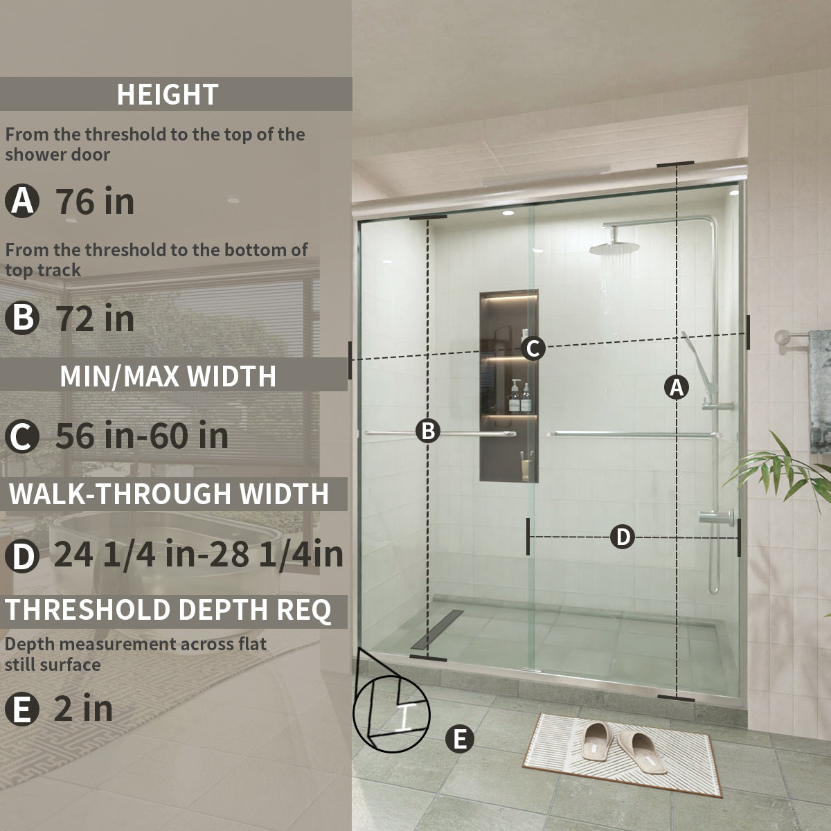 60 in. W × 76 in. H Sliding Semi-Frameless Shower Door with Clear Glass