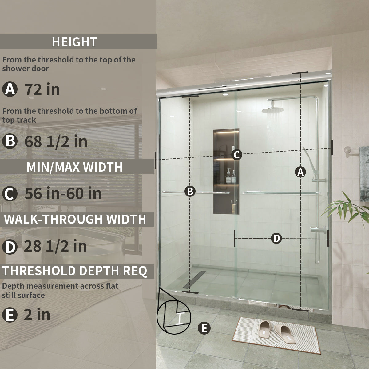 60 in. W × 76 in. H Sliding Semi-Frameless Shower Door with Clear Glass