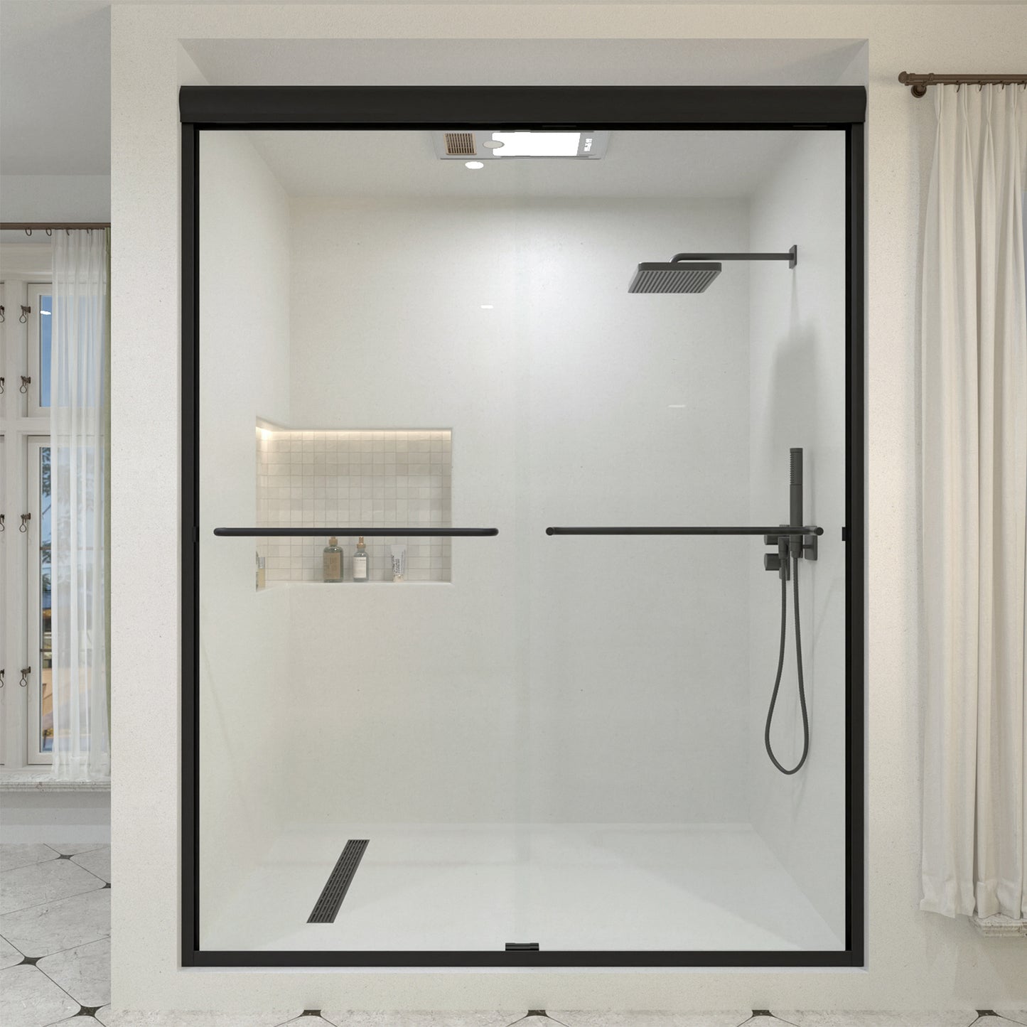 JRStart 60 in. W x 72 in. H Sliding Semi-Frameless Shower Door Finish with Clear Glass Matte Black 98MB-1_4cbbb6fb-2d95-4bd5-9f62-fa1200096829