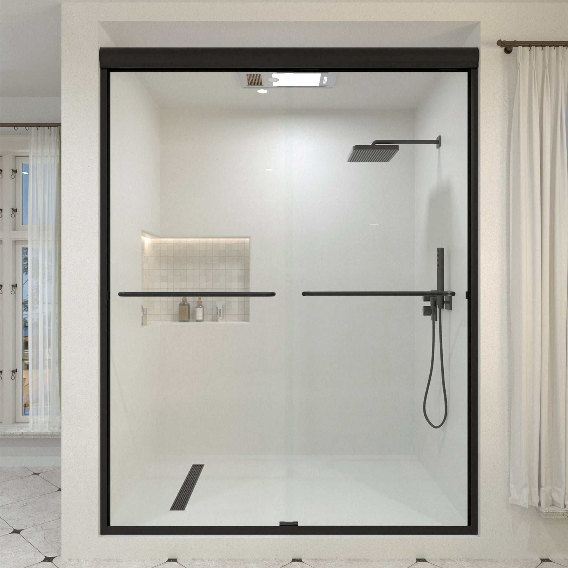JRStart 60 in. W x 72 in. H Sliding Semi-Frameless Shower Door Finish with Clear Glass Matte Black 98MB-1_4cbbb6fb-2d95-4bd5-9f62-fa1200096829