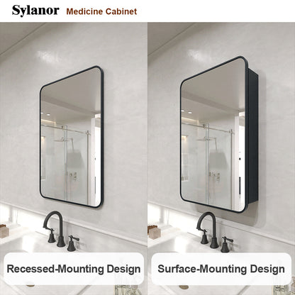 Verve Frameless Recessed or Surface-Mount Rectangular Aluminum Medicine Cabinet with Mirror in Matte Black