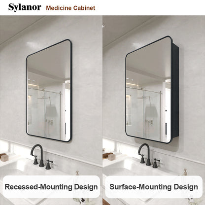 Verve Frameless Recessed or Surface-Mount Rectangular Aluminum Medicine Cabinet with Mirror in Matte Black