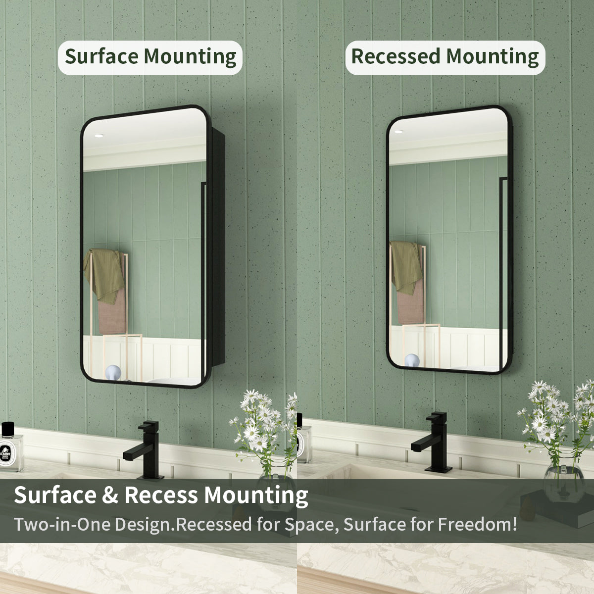 Framed Recessed or Surface-Mount Rectangular Matte Black Aluminum Medicine Cabinet with Mirror FMC-1524-BL11_2d1356a8-1c78-420f-874c-054e07a84d11