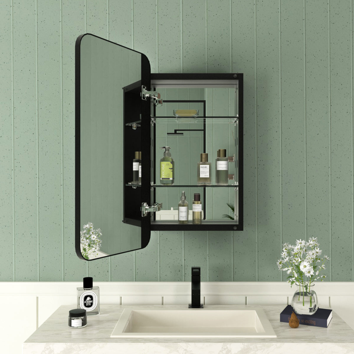 Framed Recessed or Surface-Mount Rectangular Matte Black Aluminum Medicine Cabinet with Mirror FMC-1524-BL13
