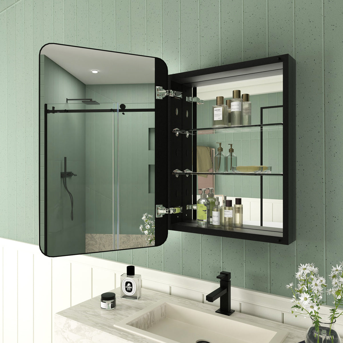 Framed Recessed or Surface-Mount Rectangular Matte Black Aluminum Medicine Cabinet with Mirror FMC-2026-BL03_91b47afb-bfaa-4810-89f4-2fcf274b1767