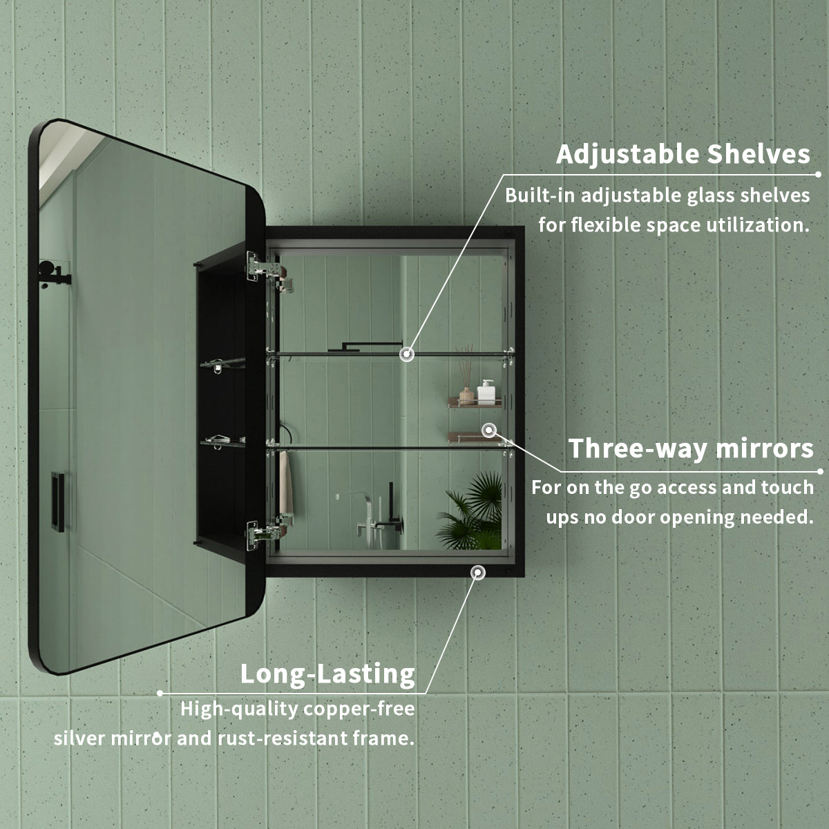 Framed Recessed or Surface-Mount Rectangular Matte Black Aluminum Medicine Cabinet with Mirror FMC-2026-BL04_4fc2bda8-ef2e-4cb1-845d-7b6696d2f5d9