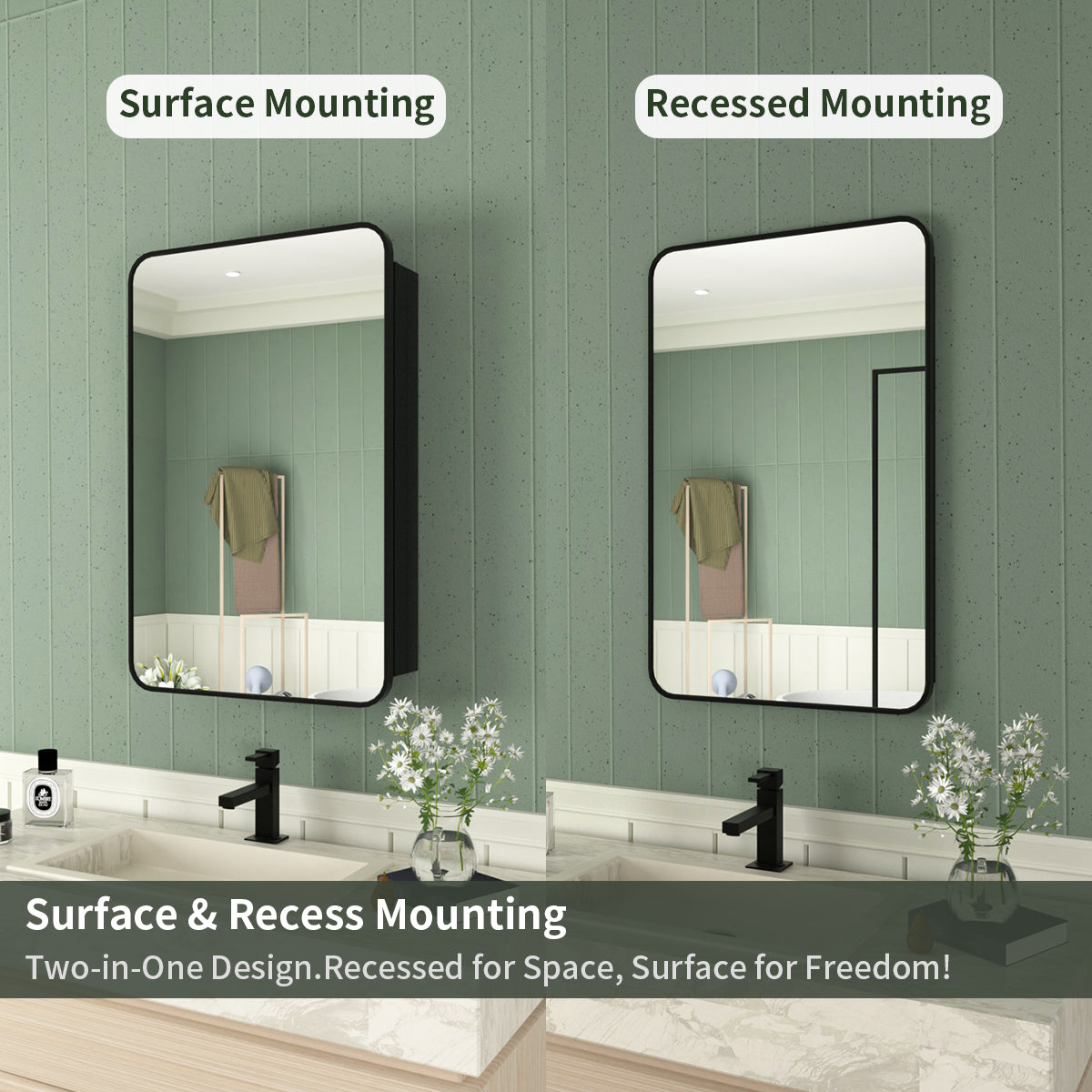 Framed Recessed or Surface-Mount Rectangular Matte Black Aluminum Medicine Cabinet with Mirror FMC-2026-BL11_36e0f9e3-8f4e-4e48-a8cb-79e7d921de9d