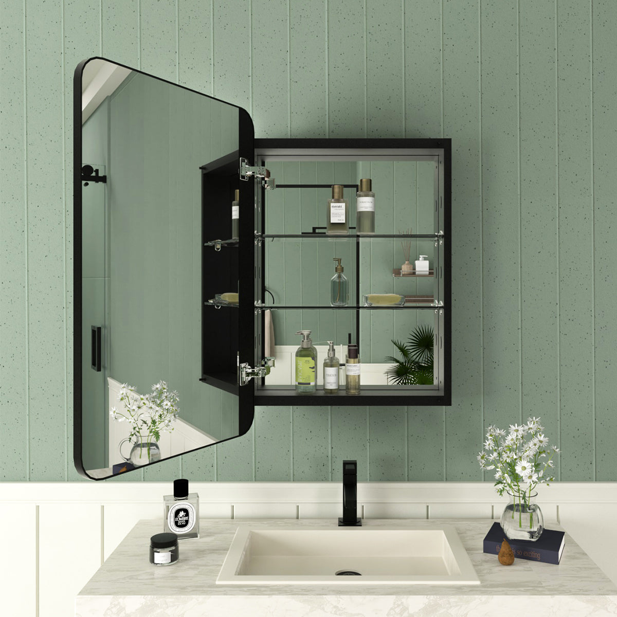 Framed Recessed or Surface-Mount Rectangular Matte Black Aluminum Medicine Cabinet with Mirror FMC-2026-BL13