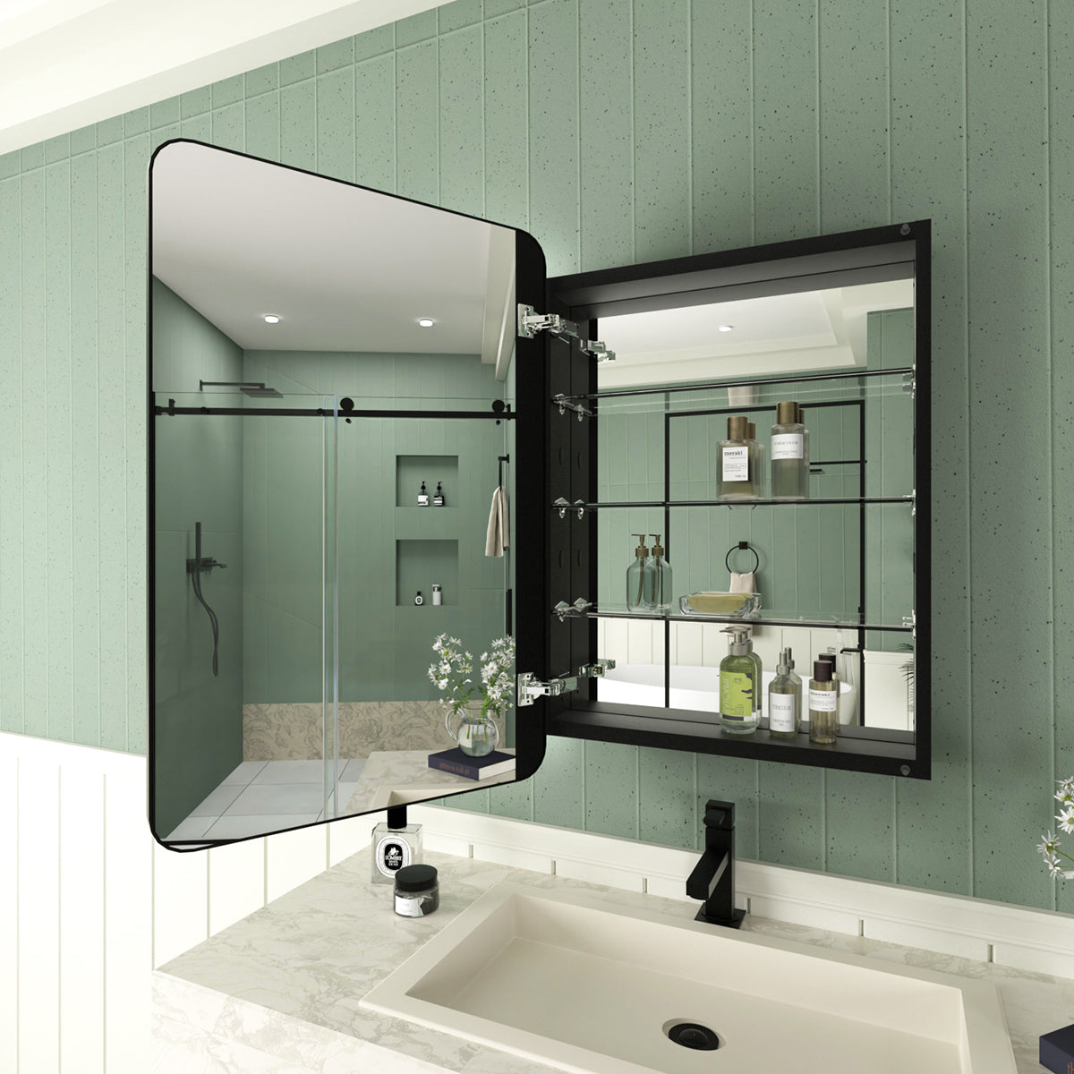 Framed Recessed or Surface-Mount Rectangular Matte Black Aluminum Medicine Cabinet with Mirror FMC-2330-BL03