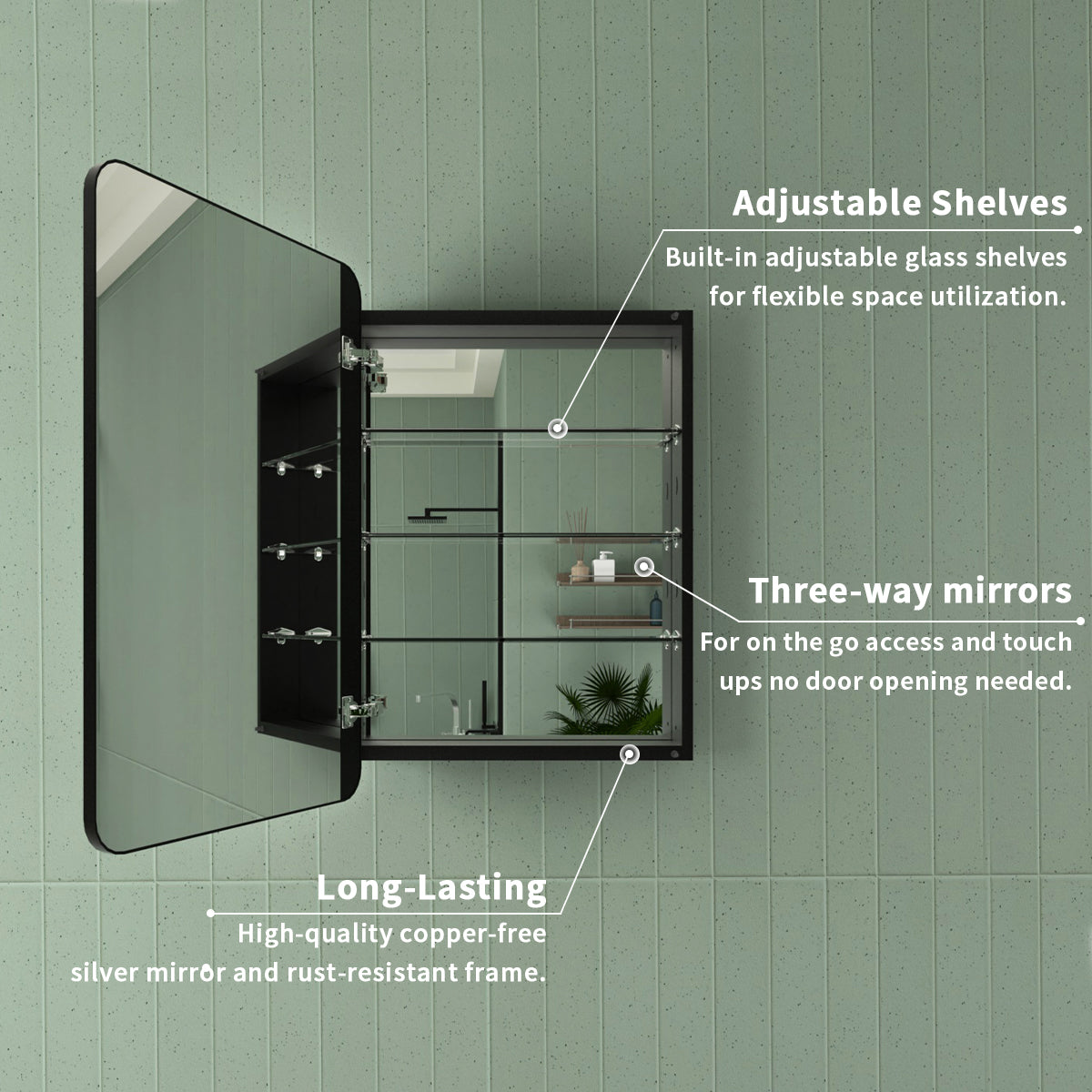 Framed Recessed or Surface-Mount Rectangular Matte Black Aluminum Medicine Cabinet with Mirror FMC-2330-BL04