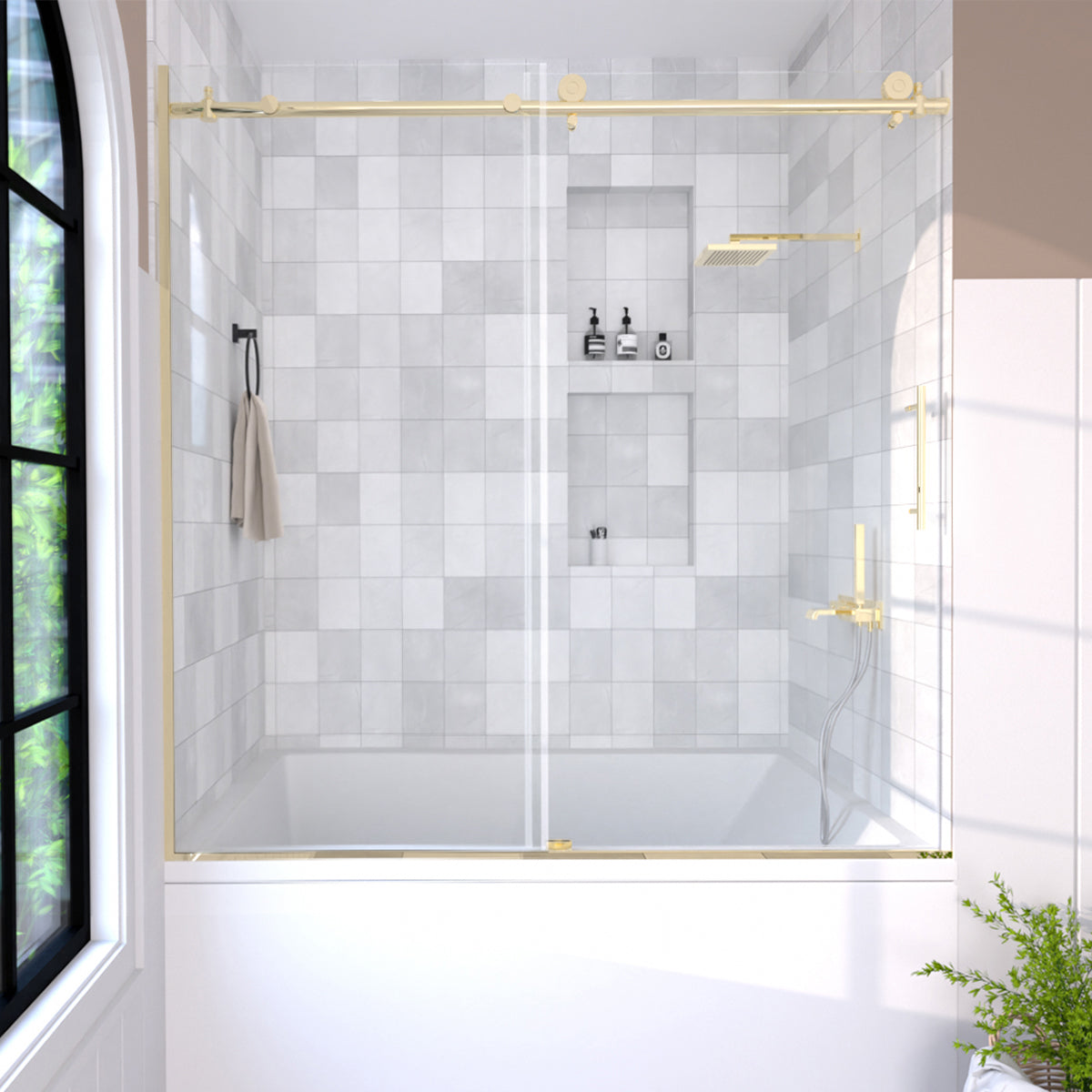 Bodum 60 in. W x 60 in. H Sliding Semi Frameless Tub Door in Chrome Finish with Clear Glass Brushed Gold HB7051D-6060G-1_5e66065e-1e16-4ba9-ae79-9b238ec20ce8