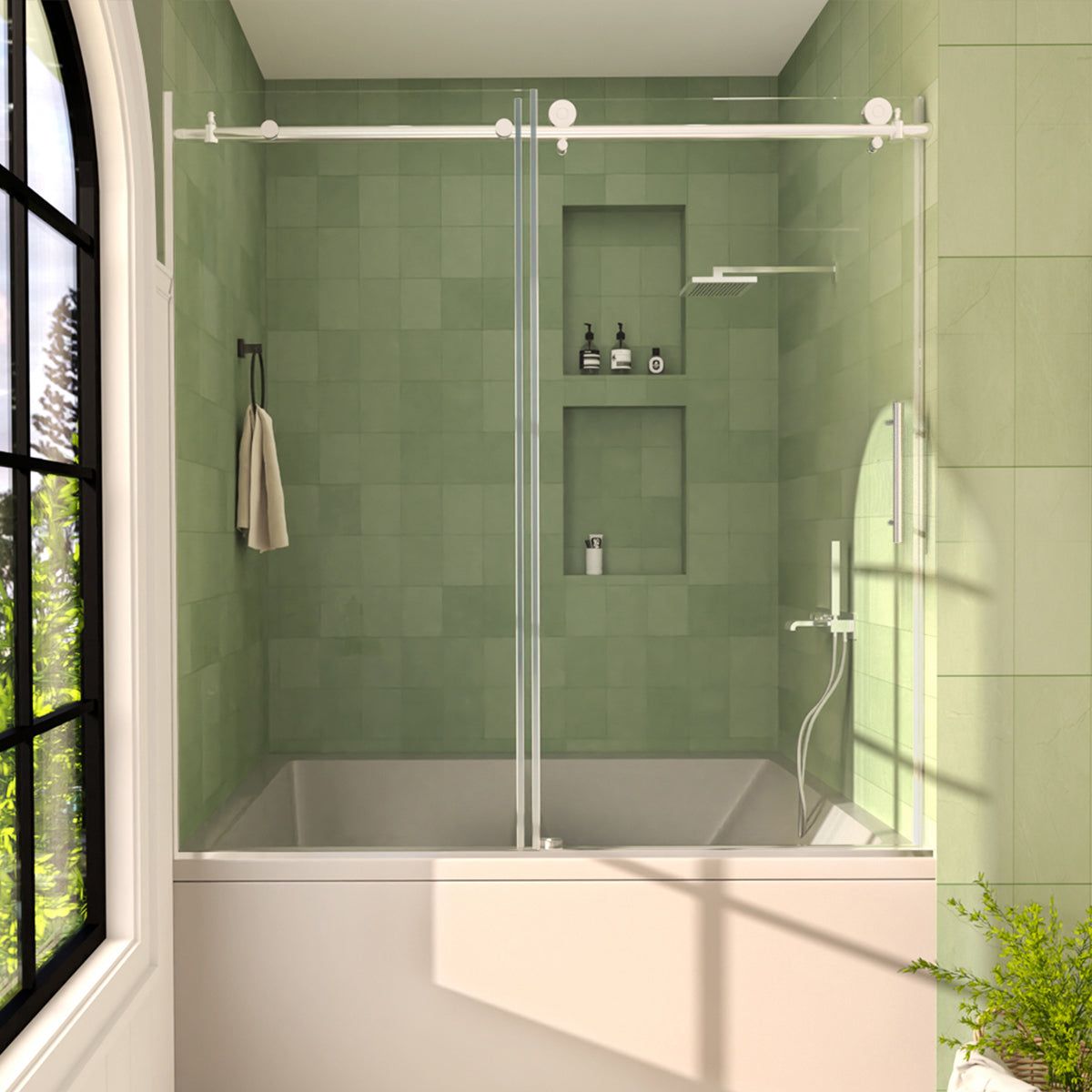 Bodum 60 in. W x 60 in. H Sliding Semi Frameless Tub Door in Chrome Finish with Clear Glass