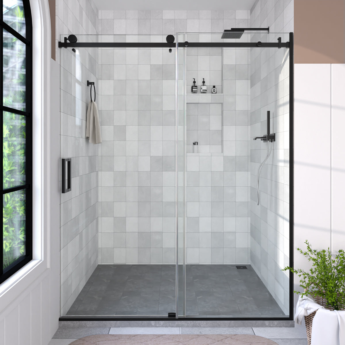 Eletta 60 in. W x 76 in. H Sliding Semi-Frameless Shower Door in Matte Black Finish with Clear Glass Matte Black HB7151C-7660BL-1