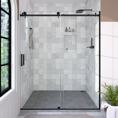 Eletta 60 in. W x 76 in. H Sliding Semi-Frameless Shower Door in Matte Black Finish with Clear Glass Matte Black HB7151C-7660BL-1