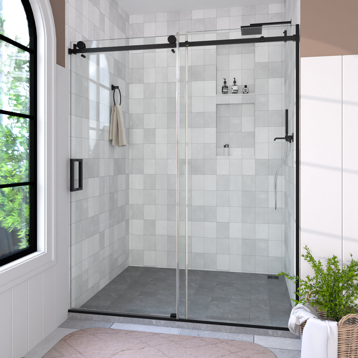 Eletta 60 in. W x 76 in. H Sliding Semi-Frameless Shower Door in Matte Black Finish with Clear Glass HB7151C-7660BL-2